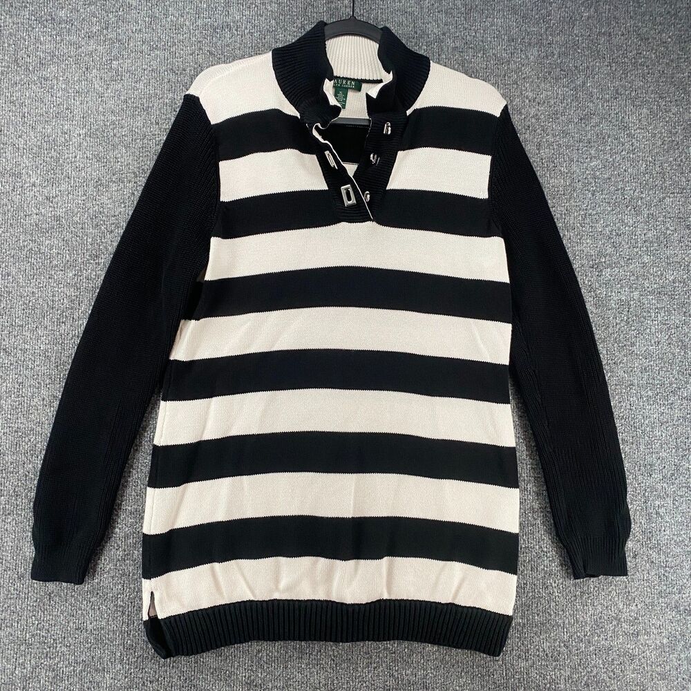 Lauren Ralph Sweater Womens XL Black Striped Pullover‎ Academia Preppy Old Money